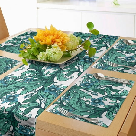 

Botanical Table Runner & Placemats Rhythmic Art Deco Style Curvy Flowers Ivy Look Leaves Blossom Beauty Set for Dining Table Placemat 4 pcs + Runner 12 x90 Sea Blue and Jade Green by Ambesonne