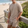 thumbnail image 2 of hotojiny Mens 2 Piece Outfits Summer Textured T-Shirt and Drawstring Shorts Set Comfortable Short Sleeve Travel Outfit(Khaki,X-Large), 2 of 6