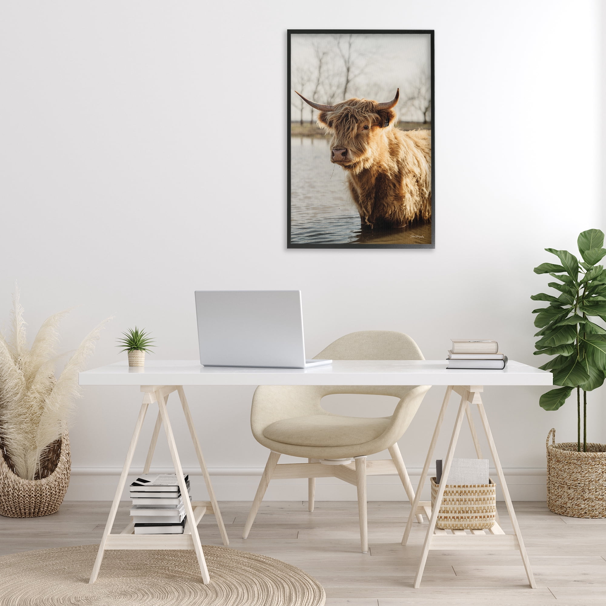 Stupell Industries Peering Cattle in Water Animals & Insects Photography Black Framed Art Print Wall Art, 20 x 30