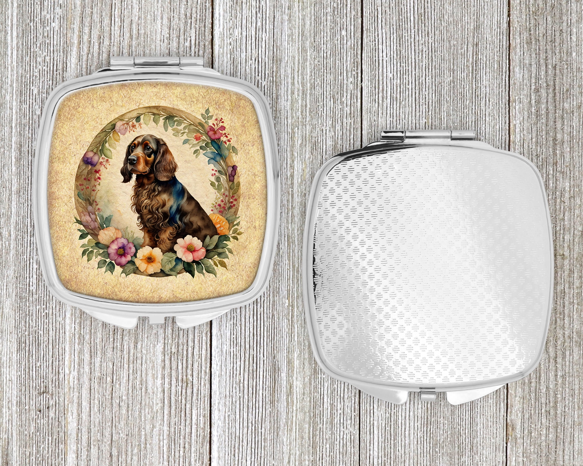 Field Spaniel and Flowers Compact Mirror 2.75 in x 3 in