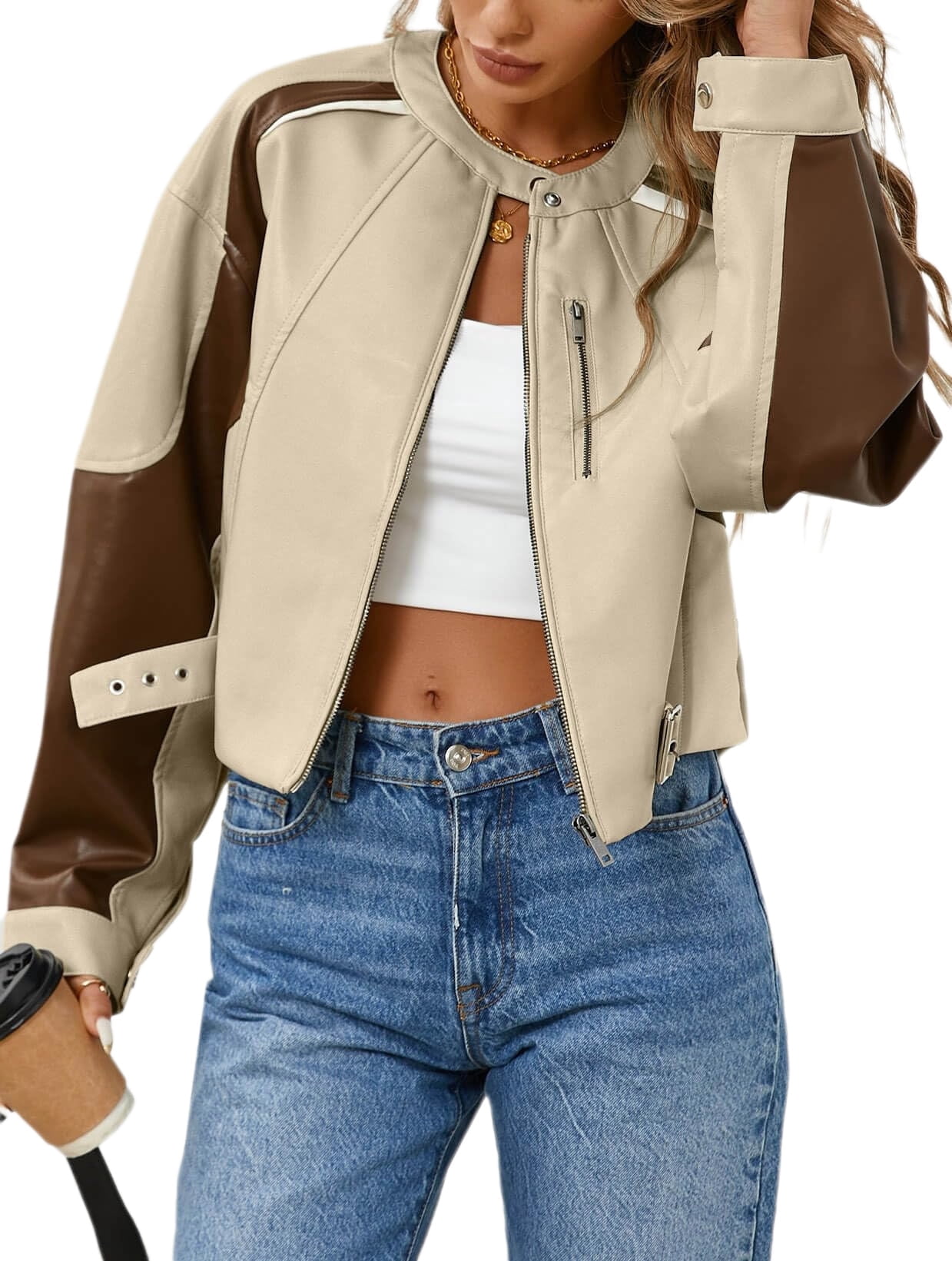 Womens Faux Leather Bomber Jackets Cropped Zip Up Color Block Fall Casual Moto Biker Coats