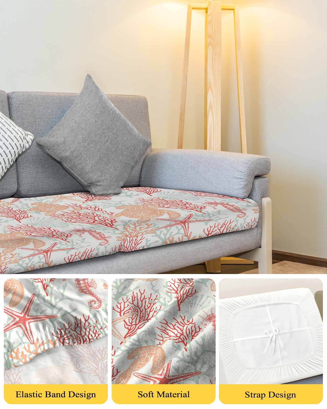 Red Orange Coastal Couch Cushion Covers Stretch, Washable Sofa Seat Covers Individual Seat Cushion Sofa Slipcovers Sea Turtle Nautical Coral Summer Beach Couch Cover Furniture Protector M-1PCS