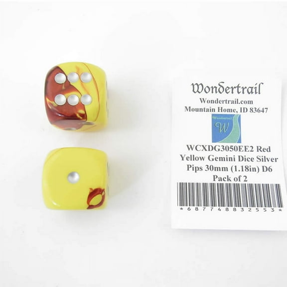 Red and Yellow Gemini Dice with Silver Pips 30mm (1.18in) D6 Pack of 2 Wondertrail