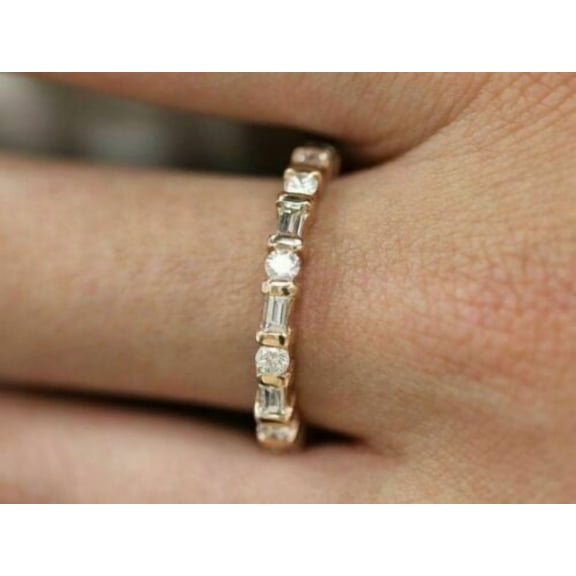 OM Jewels Moissanite 2.00Ct Baguette Cut 14K Yellow Gold Plated Curved Wedding Band Ring for Women