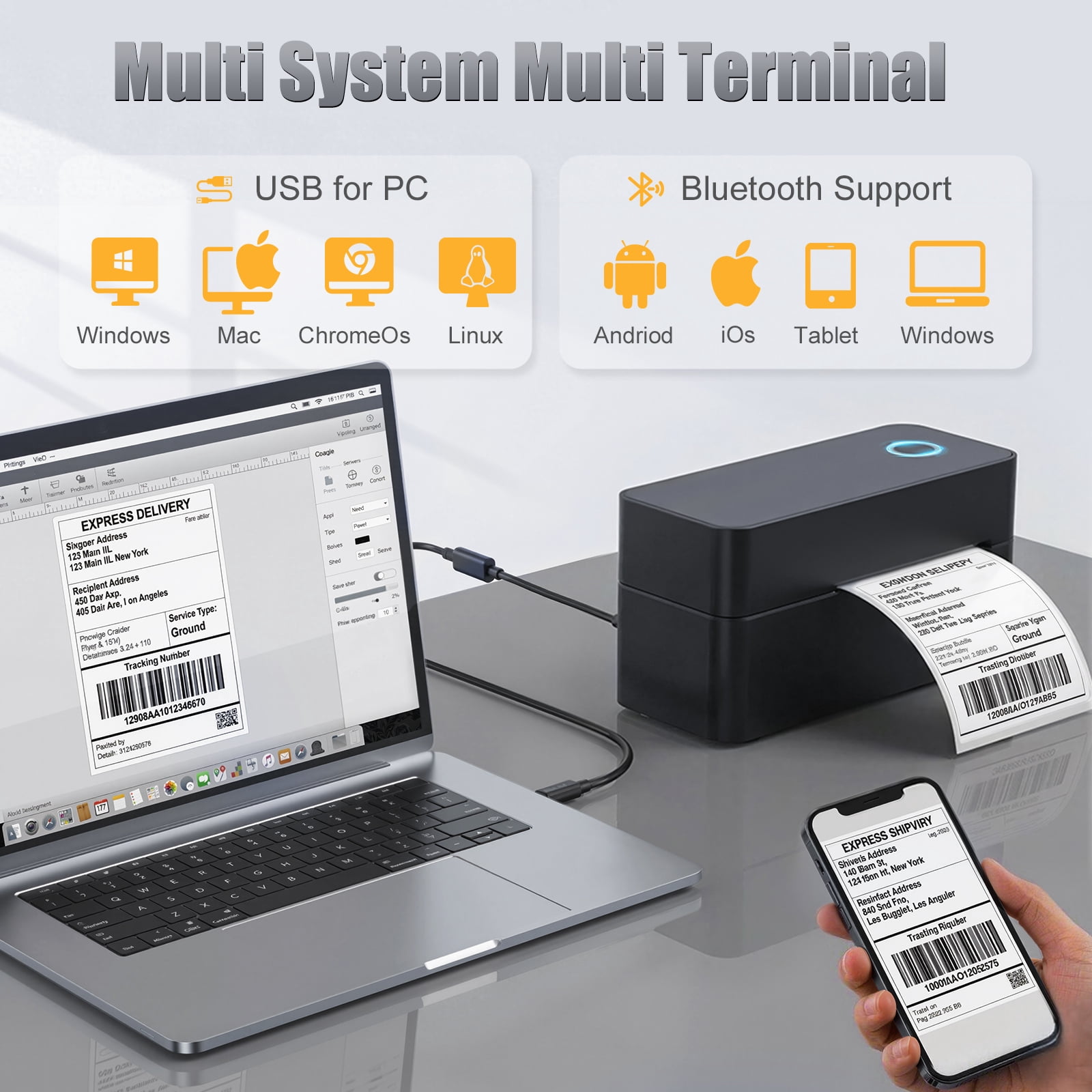 Ptlahmri Professional Labels Printer for Shipping Package 4x6 Blue Inkless Thermal Printer Wired Bluetooth for iOS/Android, UPS Compatible