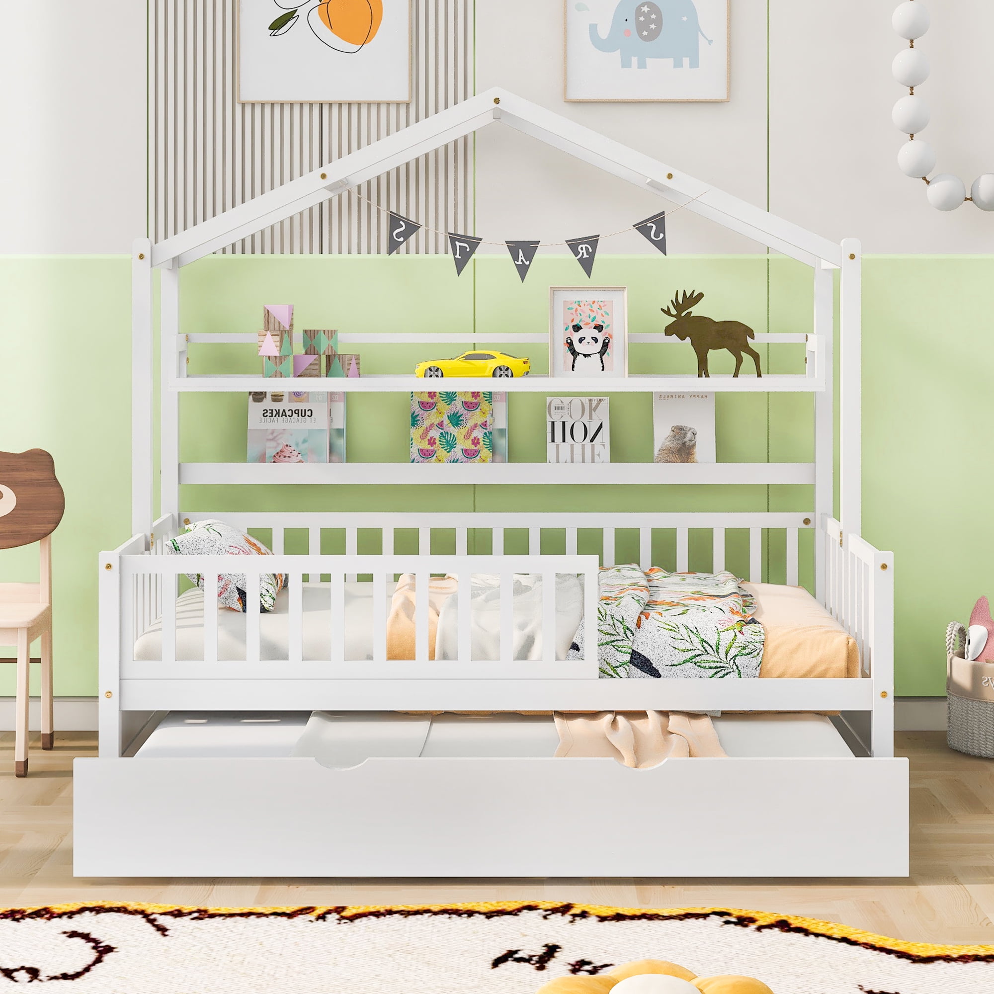 Harper & Bright Designs Twin Size House Bed with Trundle and Storage Shelves, Platform Bed with Fence Rails Wood Playhouse Tent Bed Frame for Girls Boys, White
