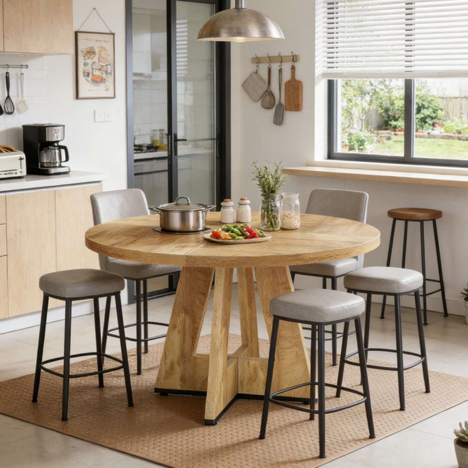 Round Dining Table, Farmhouse Wooden Kitchen Table, Seats 4, 47 in Tabletop, Rustic Brown