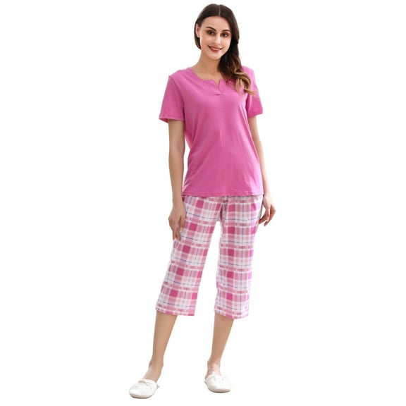Richie House Women's Short Sleeve Sleepwear Pajama Sets Cotton Two-Piece Loungewear Set with Top & Pants for Ladies RHW2865