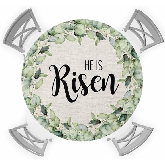 Easter Elastic Round Tablecloth, He is Risen Spring Green Leaves Spring Fitted Tablecloths for Round Table Oil-Proof Waterproof Table Cloth (Fit for 36" - 44" Round Table)