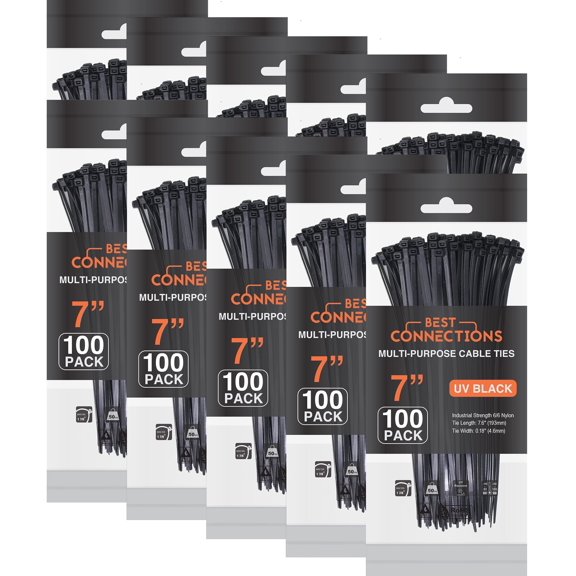 Best Connections 1,000 Pack Black Zip Ties Cable Ties 7 in Self-Locking 50 Lbs Tensile Strength