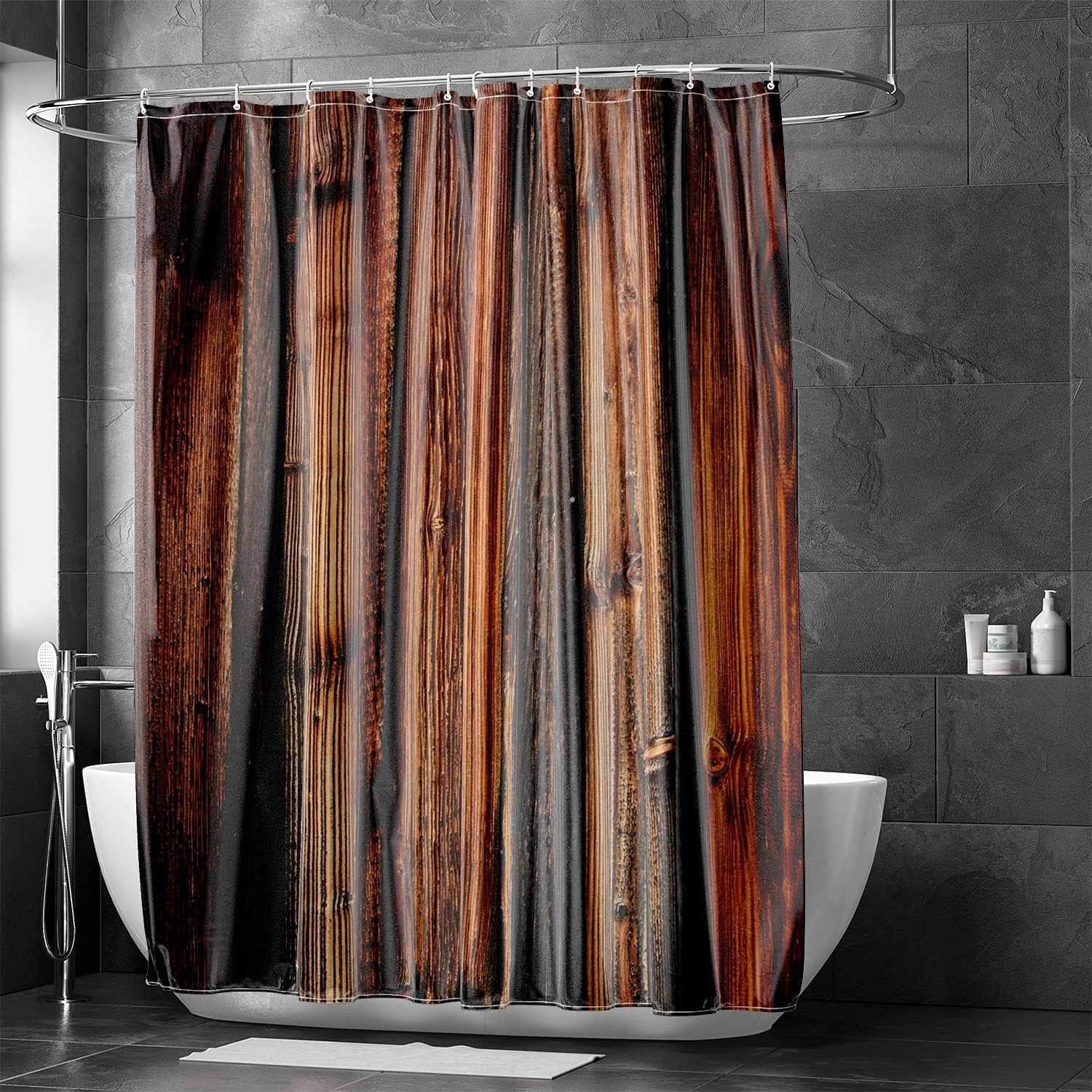 Rustic Wooden Board Shower Curtain, Western Barnwood Farmhouse Old Wood Plank Dark Brown Bath Curtains, Waterproof Fabric Bathroom Accessorry Sets with Hooks, 69x70 Inches