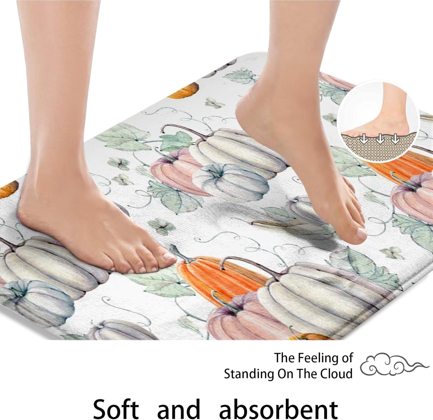 Bath Mat for Bathroom Autumn Thanksgiving Pumpkin White Orange Bathroom Rug No Silp,Cover Floor Rug Floor Mat 18x30 lnches Bathroom Decoration