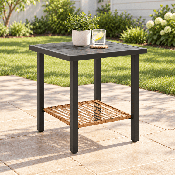 Deersky Outdoor Side Table, All-Weather Metal Patio Coffee Table with Wicker Storage Shelf, Stylish End Table for Balcony, Porch, Backyard, Black