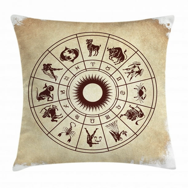 Zodiac Decor Throw Pillow Cushion Cover, Wheel of Horoscope Icons on