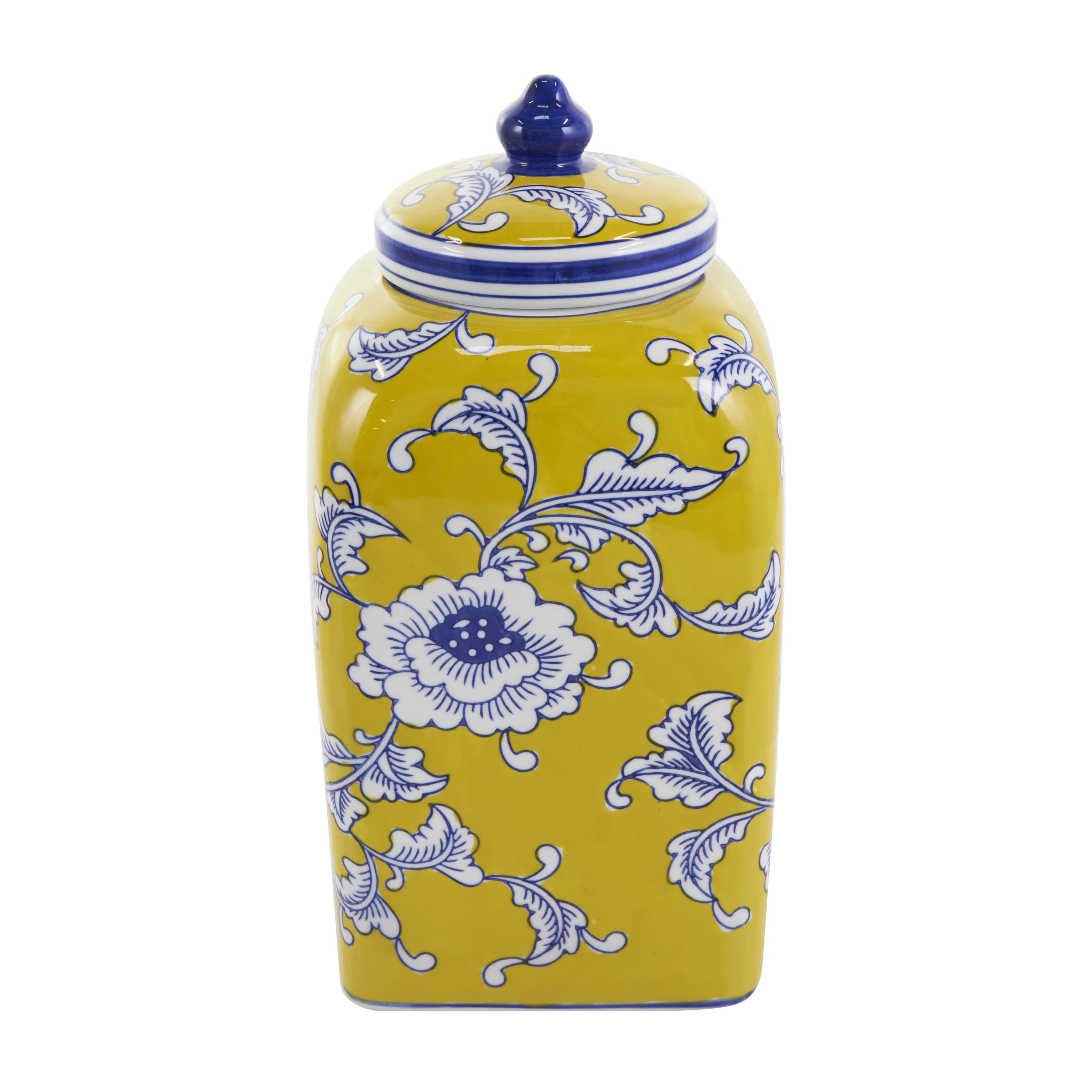 DecMode 10", 12"H Yellow Ceramic Floral Decorative Jars with Blue and White Accents, 2-Pieces