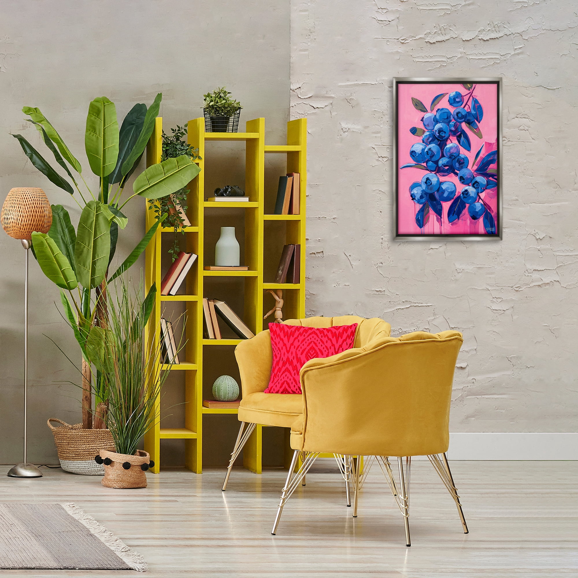 Stupell Industries Vibrant Blueberries on Pink Food & Beverage Painting Gray Floater Framed Canvas Art Print Wall Art, 17 x 25