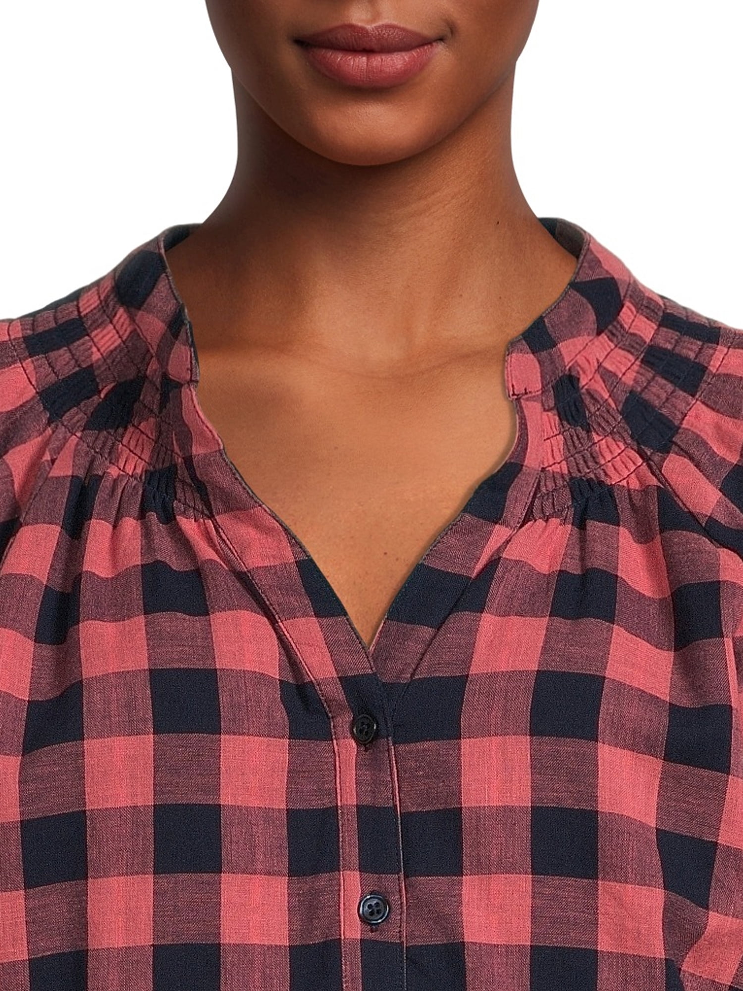 Time and Tru Women's Button Down Top with Puff Sleeves
