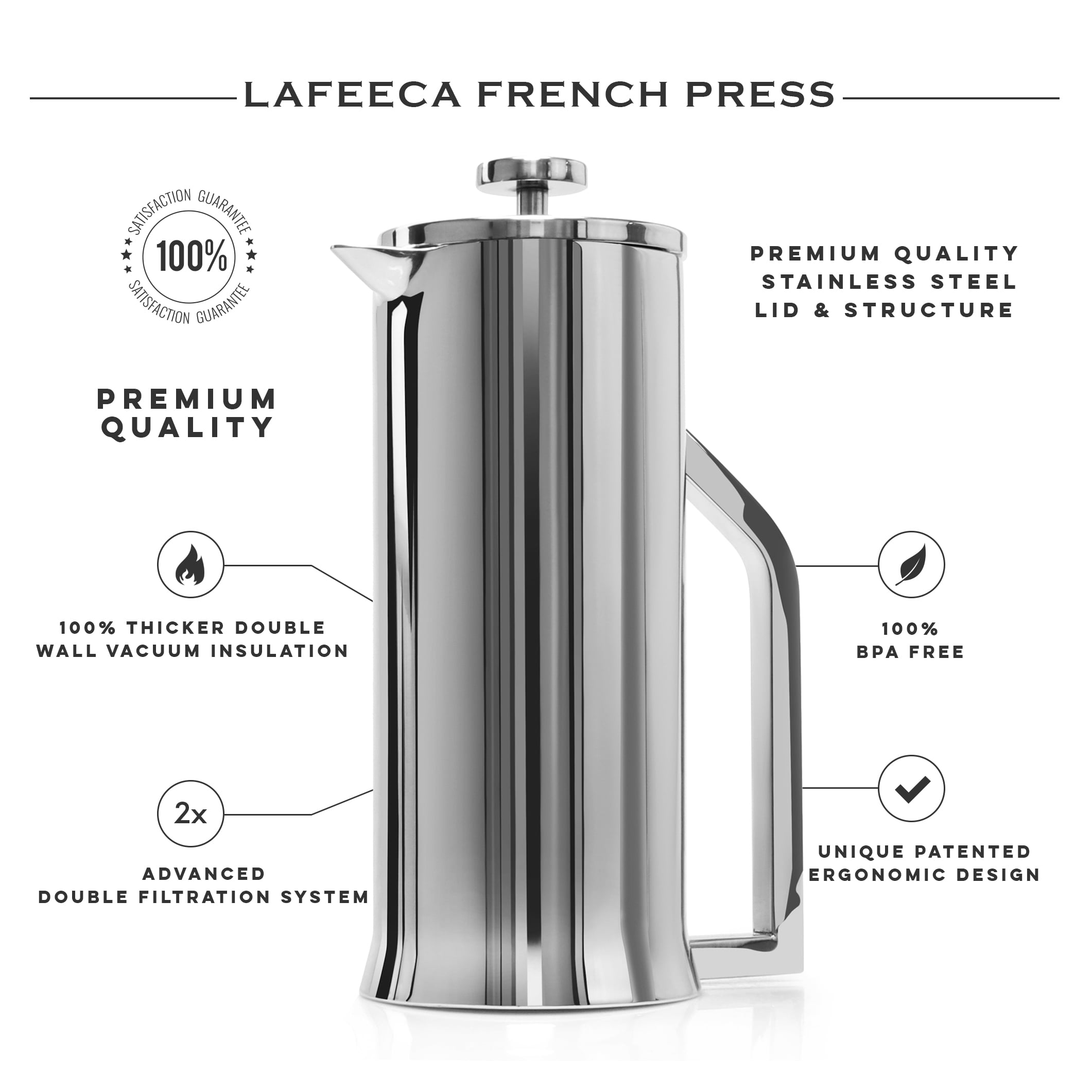 Lafeeca Stainless Steel Double Wall Vacuum Insulated French Press Coffee Maker - 34 oz - Red