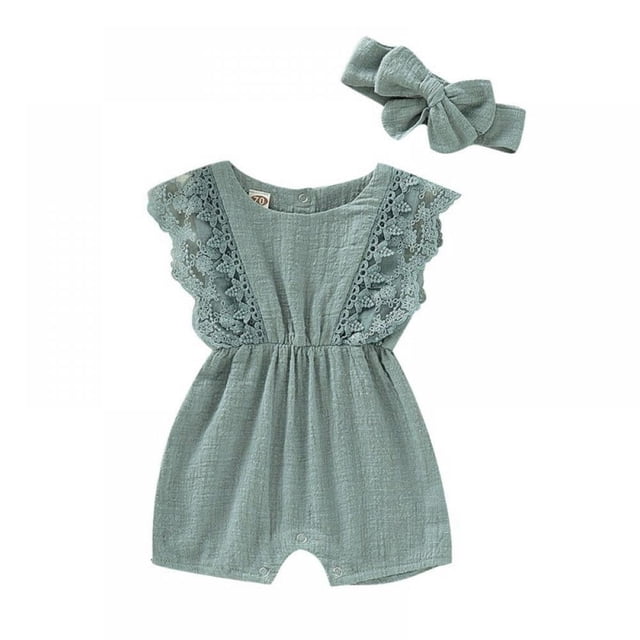 Baby Lace Little Flying Sleeve One-Piece Romper + Headscarf Female Baby Linen Back Button Lace Edge Romper Two-Piece Set