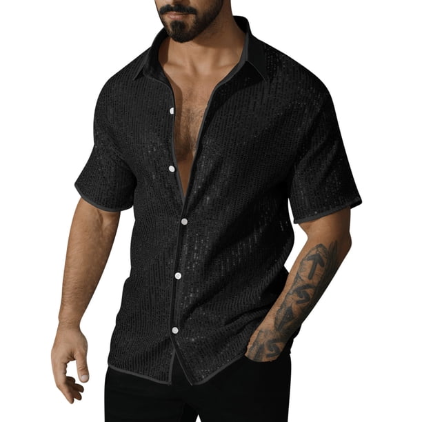 Blusa y camisa de manga corta con cuello vuelto para hombre, camisa de manga corta con botones y solapa de color liso, blusa para hombre