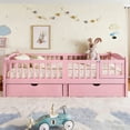 thumbnail image 2 of Bellemave Twin XL Montessori Bed with Storage Drawers and Guardrail, Wood Twin XL Low Profile Floor Bed Frame with Door, Daybed with Fence and Slat Support, Pink, 2 of 7