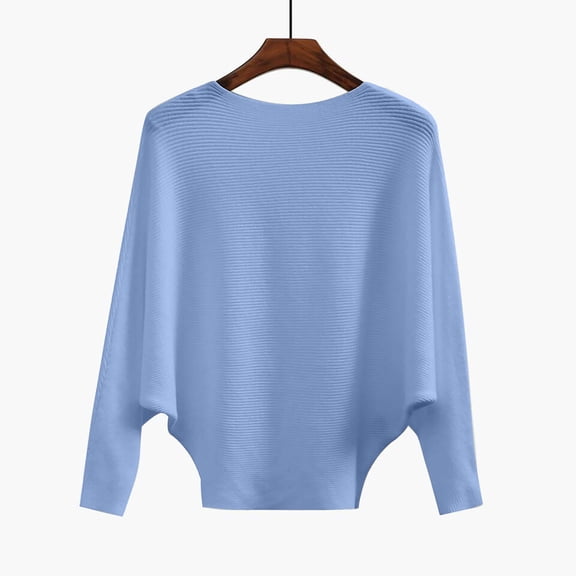 VSSSJ Womens Ribbed Batwing Long Sleeve Poncho Sweaters Elegant Solid Color Crew Neck Knitted Loose Pullover Cape Sweater Tops Blue One Size