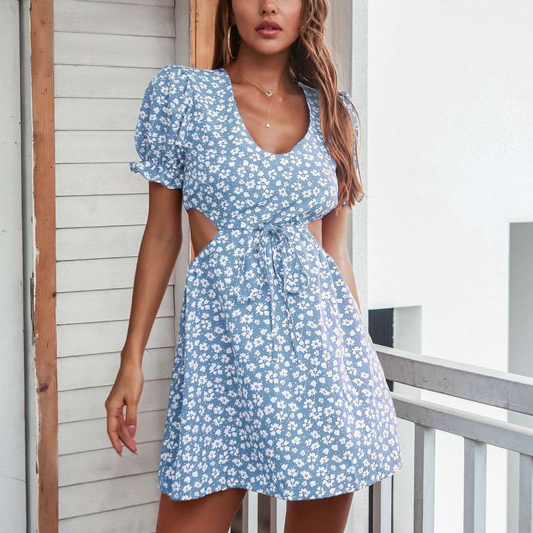 Summer Dresses for Women 2023 Short Sleeve Printing Floral Pattern Dress  V-Neck Midi Fit And Flare Fashion Trendy Elegant Party Club Holiday  Vacation