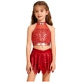 thumbnail image 4 of iiniim Girls 2 Piece Jazz Latin Dance Outfit Sequin Sleeveless Crop Top with High Low Mini Skirt for Disco Hip Hop Dancewear Red 10, 4 of 7
