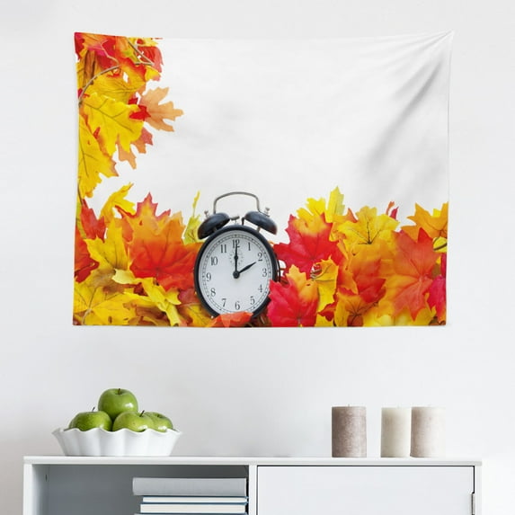 Clock Tapestry, Alarm Clock with Cloudsd Buildings Around It in Vintage Style Pattern Design, Fabric Wall Hanging Decor for Bedroom Living Room Dorm, 2 Sizes, Pale Grey, by Ambesonne
