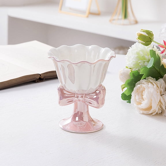 Cute Ceramic Footed Ice Cream Cup with Bow Tie, Creative Dessert Sundae Bowl, Yogurt Fruit Salad Pudding Snack Serving Cup for Home Kitchen Daily Use