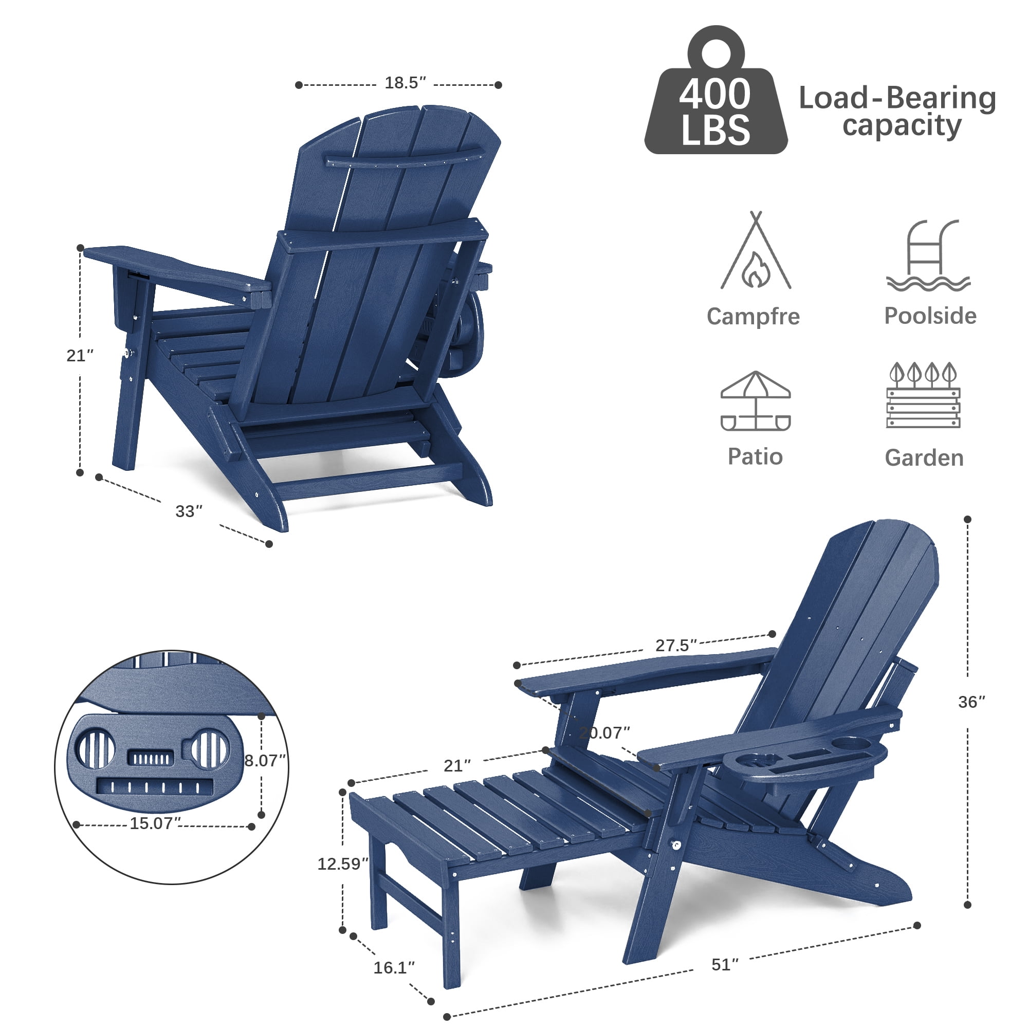 2PCS Folding Adirondack Chair with Retractable Ottoman, HDPE All-Weather Resistant Adjustable Backrest Adirondack Chair w/4 in 1 Cup Holder Trays, Navy Blue