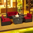 thumbnail image 2 of Patiojoy Patio Rattan 6PCS Cushioned Sofa Set Furniture Set Thick Cushion with 34.5" Fire Pit Table for Garden Red, 2 of 10