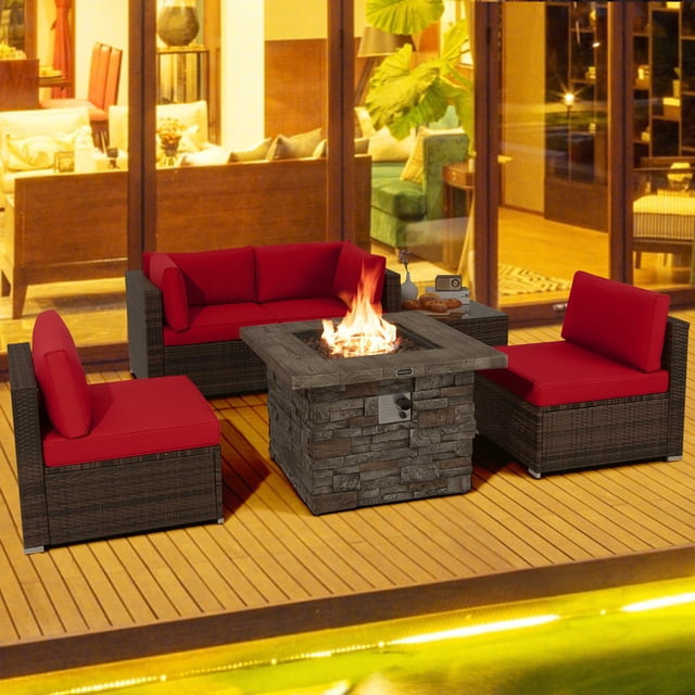 Patiojoy Patio Rattan 6PCS Cushioned Sofa Set Furniture Set Thick Cushion with 34.5" Fire Pit Table for Garden Red
