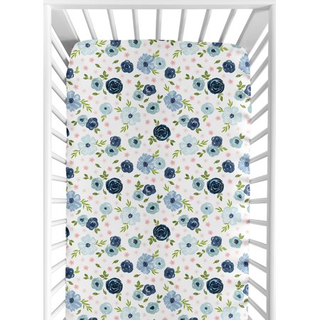 UPC: 0846480085300 | Watercolor Floral Navy Blue And Pink Jersey Knit Fitted Crib Sheet by Sweet Jojo Designs