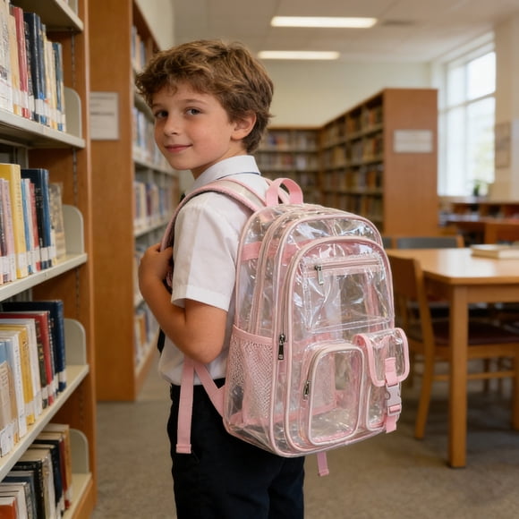 Clear mini backpack for kids, transparent smoky black see-through backpack with mesh side pockets, waterproof school bag for boys and girls