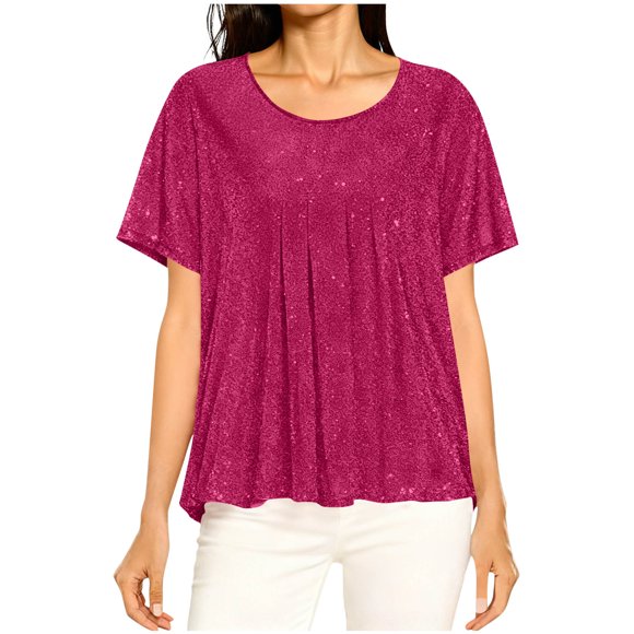 BLVB Womens Short Sleeve Sparkle Top Double Layers Casual Shirts Crew Neck Glitter Tunic Blouses for Elegant Evening