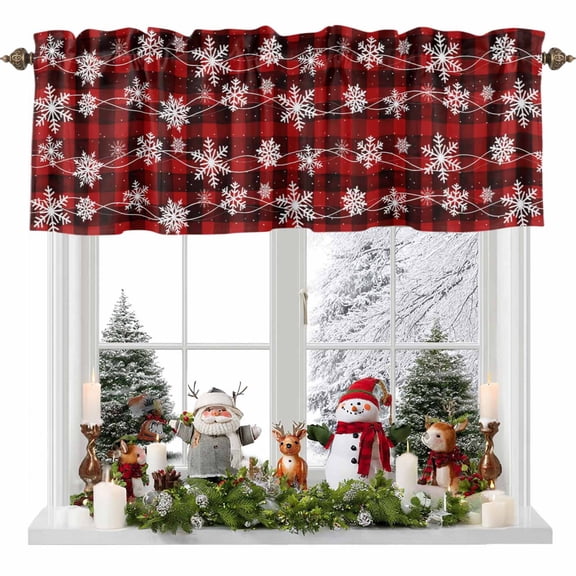 Rod Pocket Window Valances Abstract Winter Snowflakes Short Kitchen Curtains Christmas Red Plaid Window Treatment Drapes for Bedroom Bathroom Living Room 54x18In,1 Panel