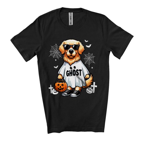 Golden Retriever Boo Cosplay; Lovely Halloween Golden Retriever Owner Sunglasses Pumpkin; Family Unisex T-Shirt