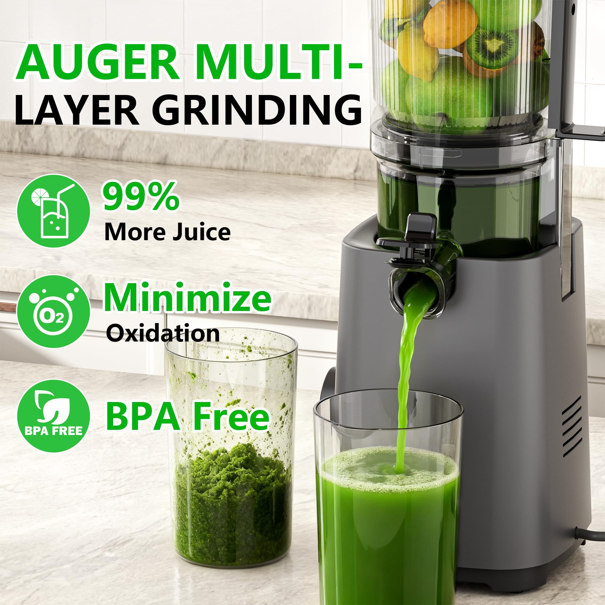 Cofiyard Cold Press Juicer, Juicer Machines with 5.4" Large Feed Chute,200 Watts Slow Masticating Fit Whole Vegetables and Fruits 99% Juice Yield,35 DB Ultra Quiet,Extra one Replace juicer strainer