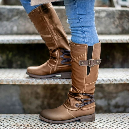 

Women s Ladies Fashion Casual Square Heels Long Ankle Boots Slip On Shoes