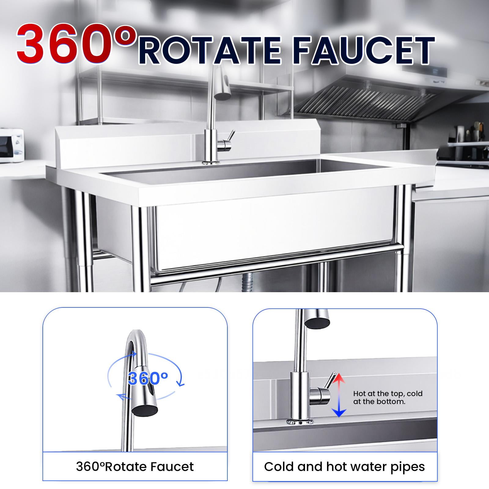 Stainless Steel Utility Large Single Sink, Freestanding Commercial Kitchen Sink with Pull Out Faucet, Laundry Sink, Expandable Hose for Basement Outdoor Indoor Use (Silver)