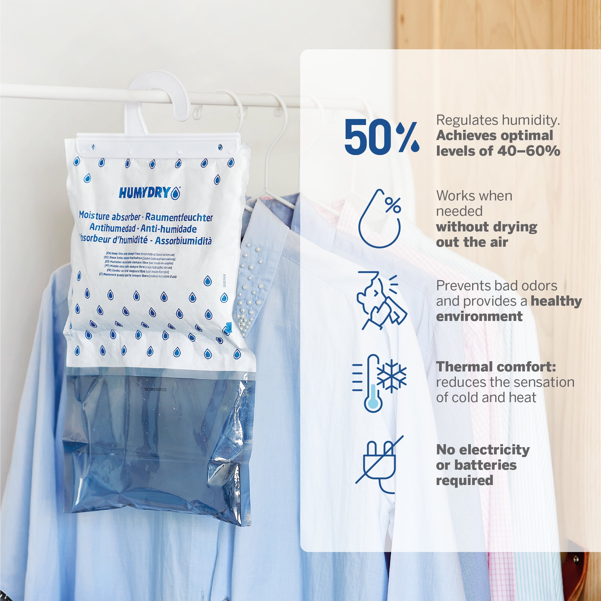 Humydry Hanging Moisture Absorber for Closets, Pack of 6 Unscented 15.9 Oz Dehumidifier Bags, Non Electric Humidity Absorbers for Wardrobes Clothes Storage Areas and Small Enclosed Spaces