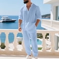 thumbnail image 4 of Timoontee Men's Lightweight Summer 2 Piece Set Loose Fit Casual Tracksuits Long Sleeve Button Mock Neck Shirts with Drawstring Pant Sets for Daily & Beach Vacation Light Blue S, 4 of 9