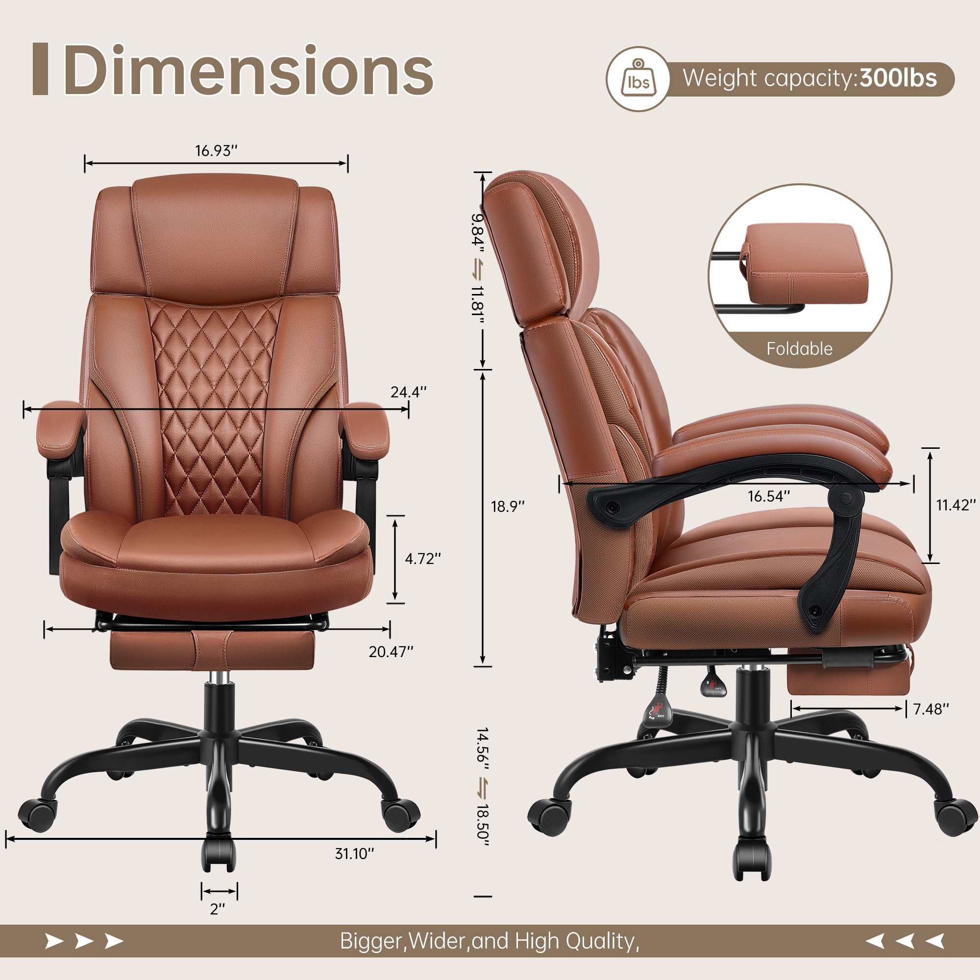 FASTES Big and Tall Ergonomic Office Chair with Footrest - Leather Computer Desk Chair, Reclining High Back Ergonomic Chair with Adjustable Headrest & Lumbar Support, Brown