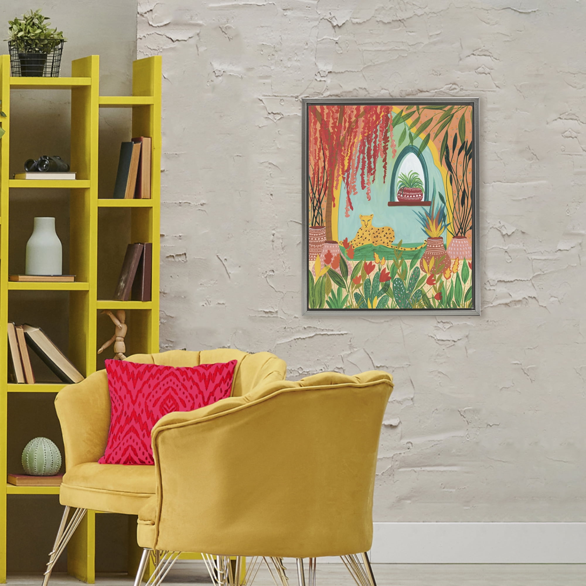 Lone Leopard Among Botanicals Gray Framed Floater Canvas Wall Art, design by Nabeela Rumi