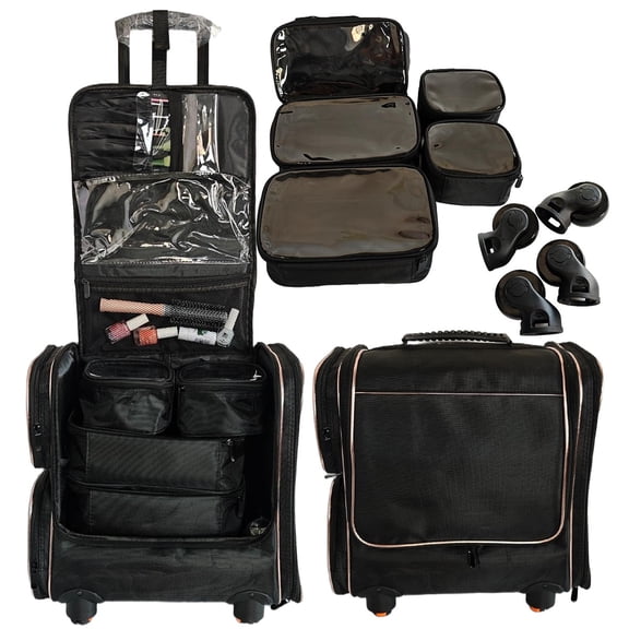 Professional Rolling Makeup Case - Large Capacity Mobile Organizer Trolley with 360° Wheels & 4 Pouches