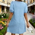 thumbnail image 6 of asdoklhq Dresses for Women Semi Formal V Neck Court Style Dress with Locked Sleeves Puff Sleeve Dress Short Sleeved V-neck Knee Length Dress. Blue S, 6 of 8