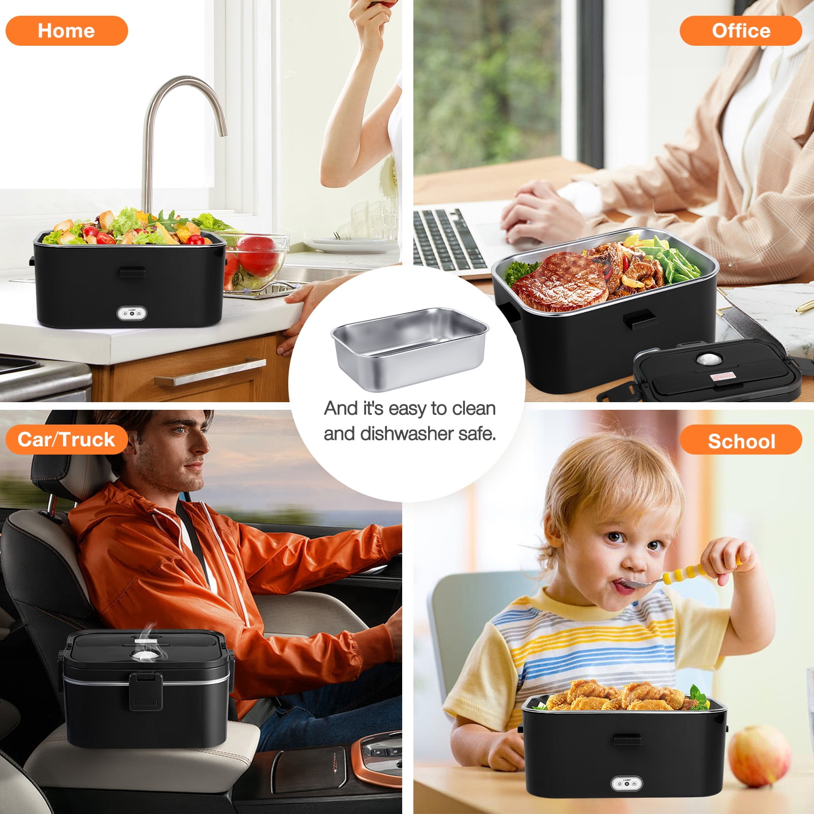 Livhil Electric Lunch Box Food Heater, Portable Food Warmer, Hot Lunch Warmer Heated Lunch Box for Adults, 60W 1.8L 12V-24V 110V Stainless Steel Container Portable Food Heater (Black+Black)