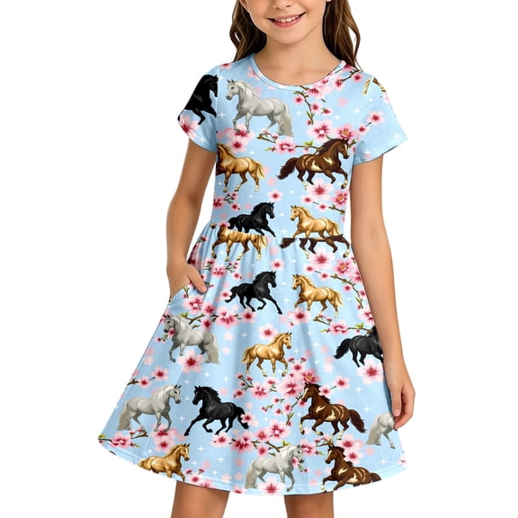 Shinyii Dresses for Girls Horse Print Short Sleeve Dress Summer T-Shirt Dress, Sizes 4-14