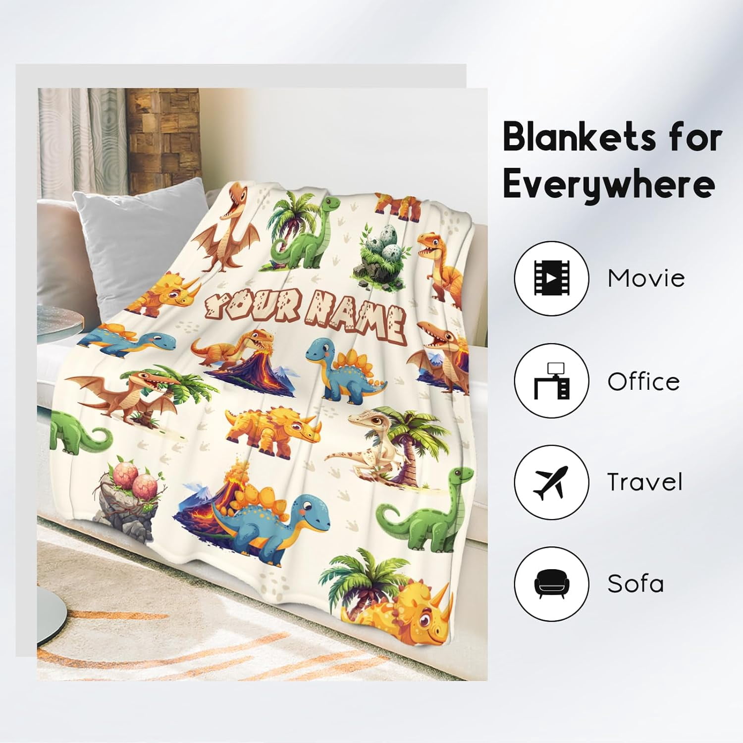 Custom Kids Throw Blankets for Boys Girls, Personalized Dinosaur Blanket for Boys, Soft Fuzzy Flannel Throw Blanket Dinosaur Gifts Ideal, 40"x50" Toddler Blankets for Boys Dinosaur Room Decor
